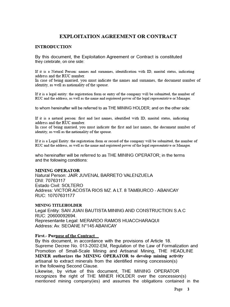 Mining Exploitation Agreement Template | PDF | Mining | Common Law