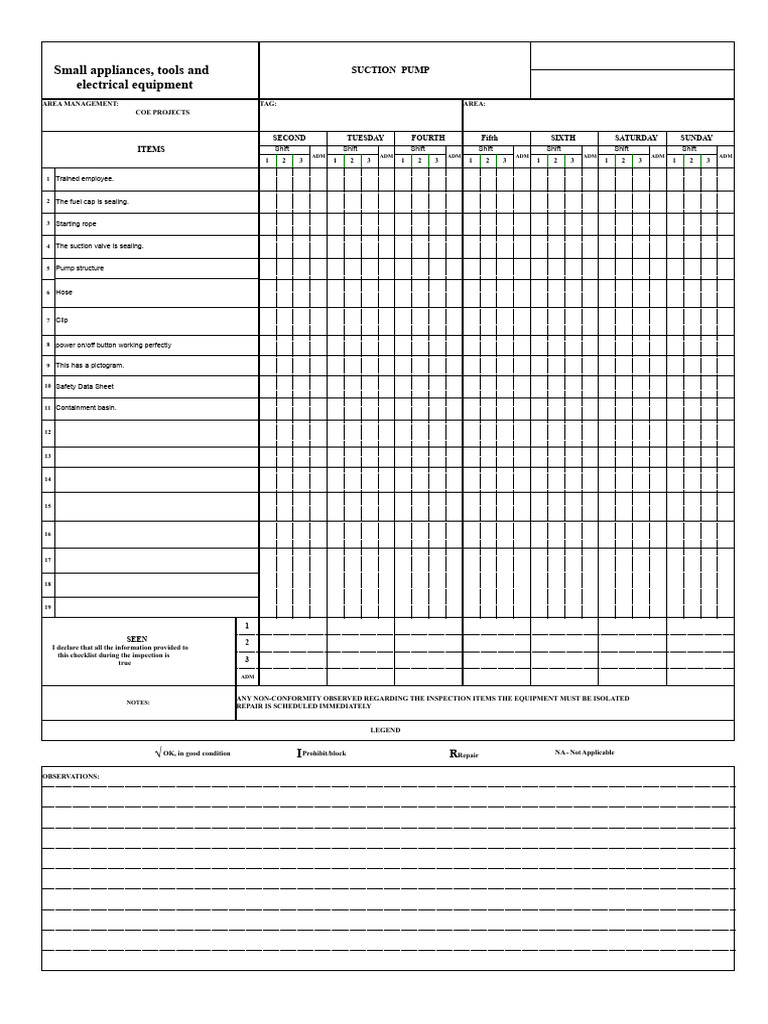 Suction Pump Inspection Checklist | PDF | Pump