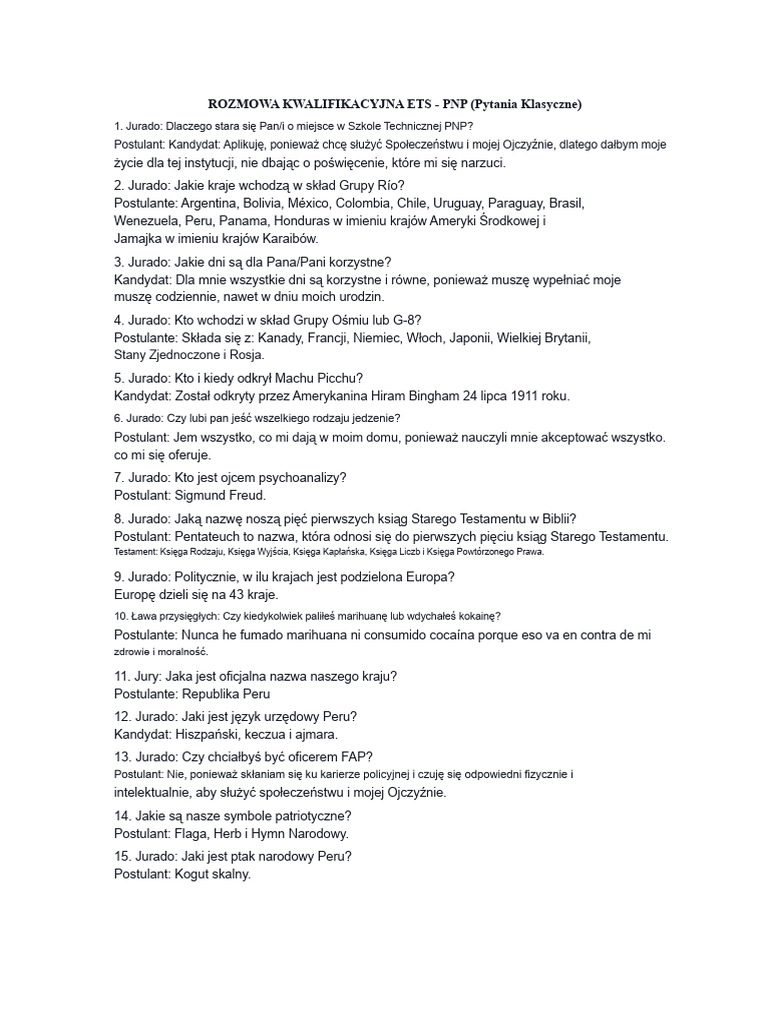 Pytania Do Rozmowy Kwalifikacyjnej W Policji Narodowej Peru | PDF