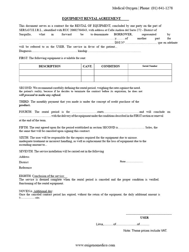Medical Oxygen Equipment Rental Agreement | PDF | Business