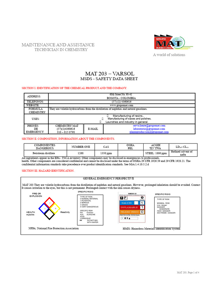 MAT 203 Safety Data Sheet Overview | PDF | Dangerous Goods | Safety