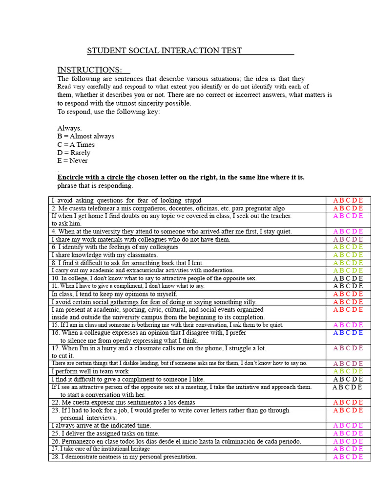 Student Social Interaction Test | PDF | Anger | Question