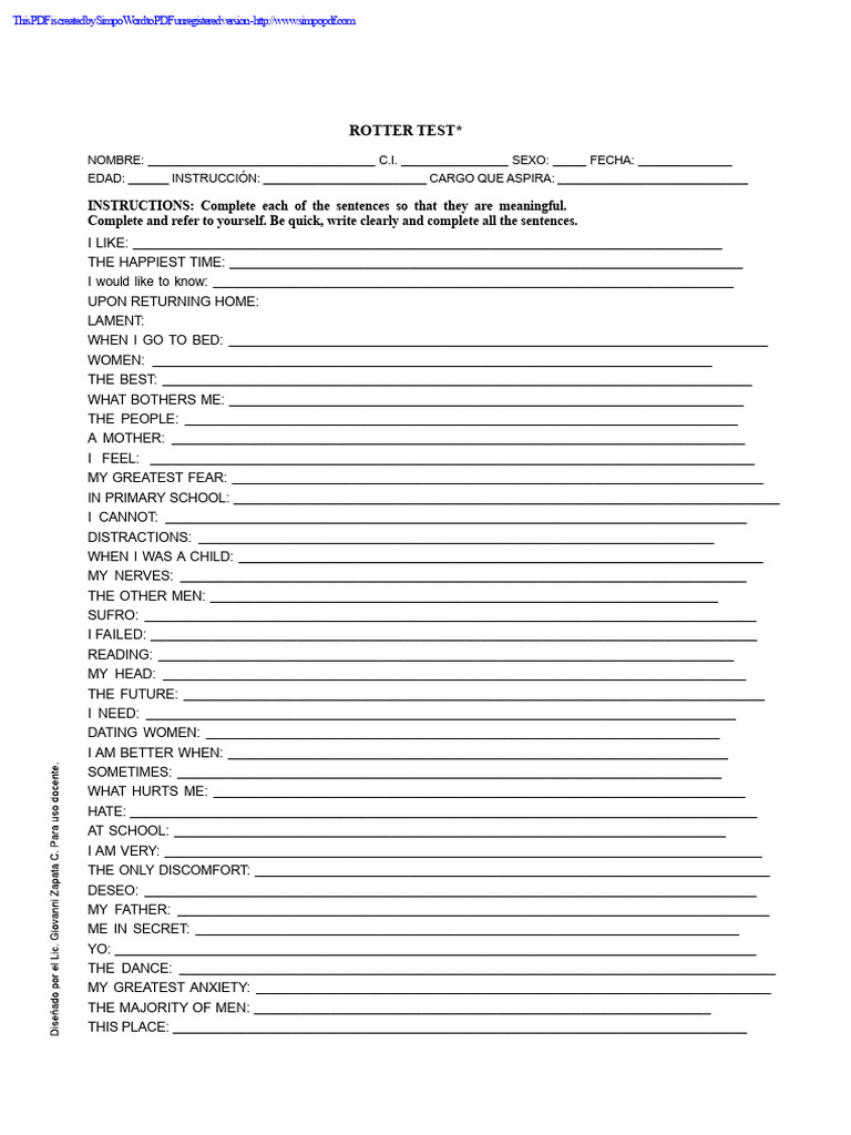 Rotter's Incomplete Sentences Test Protocol (Teaching Use) | PDF