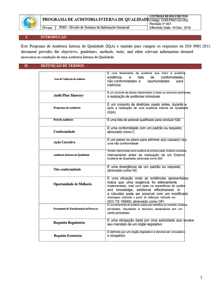 Programa de Auditoria Interna de Qualidade | PDF | Auditoria interna ...