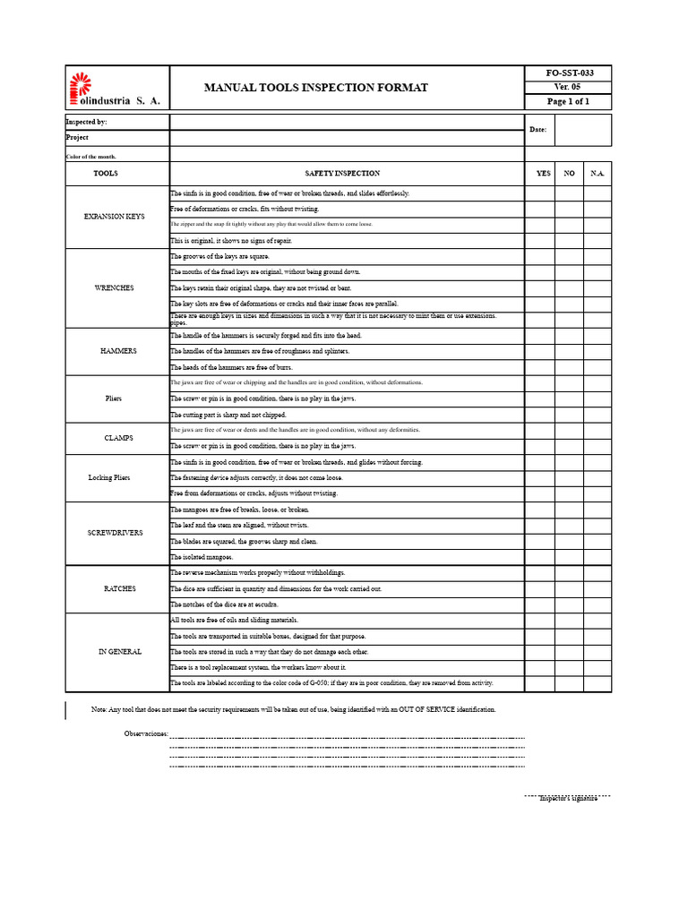 FO-SST-033 Manual Tools Inspection Format | PDF | Tools | Wear