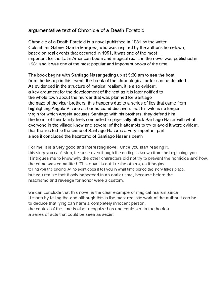 Argumentative Text of Chronicle of A Death Foretold | PDF