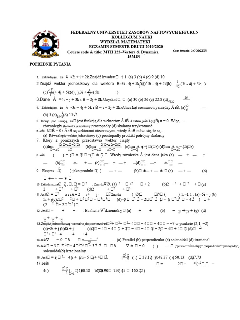 MTH123, Pytania do ćwiczeń FUPRE | PDF
