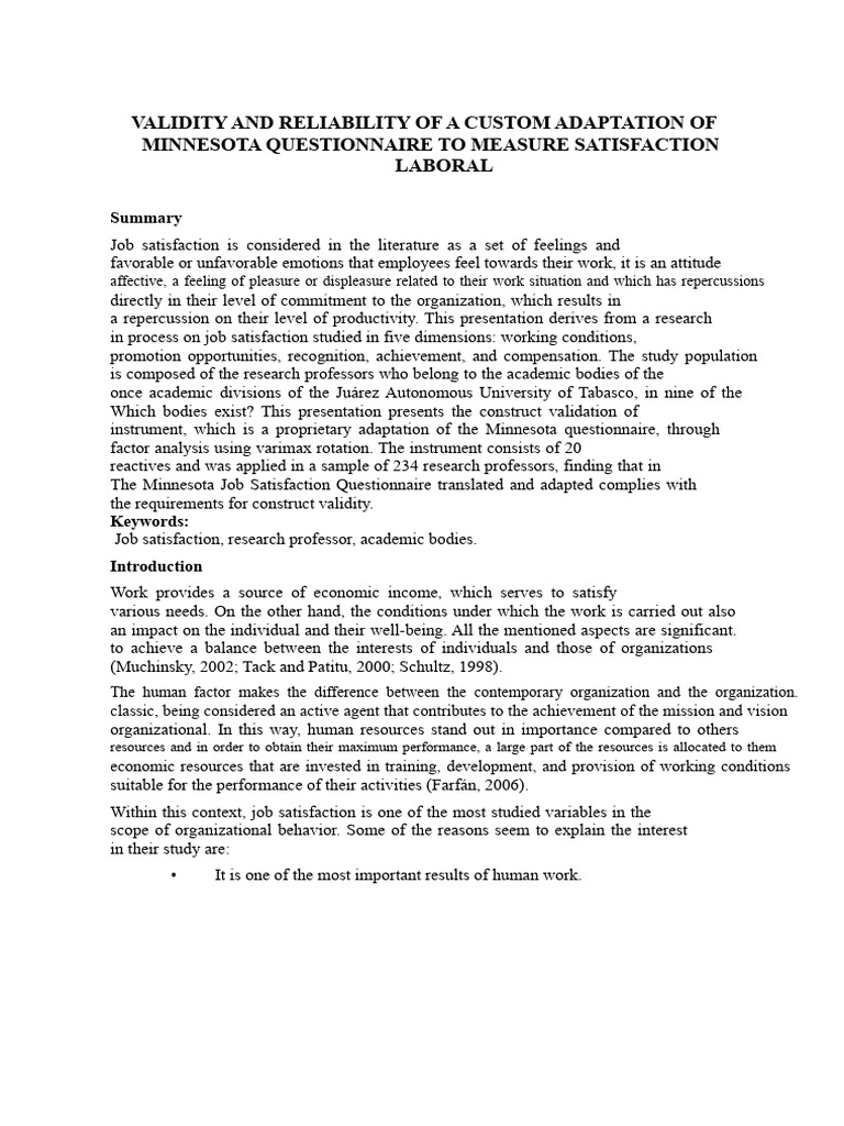 Validity and Reliability of The Minnesota Job Satisfaction ...
