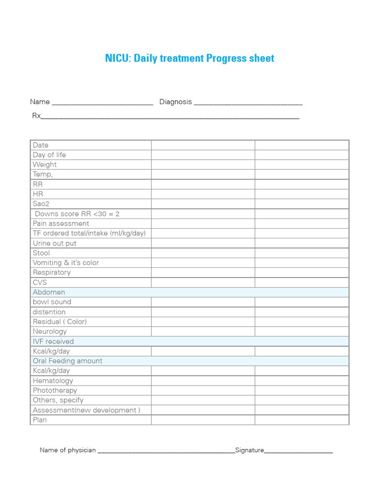 NICU Daily Treatment Progress Sheet | PDF