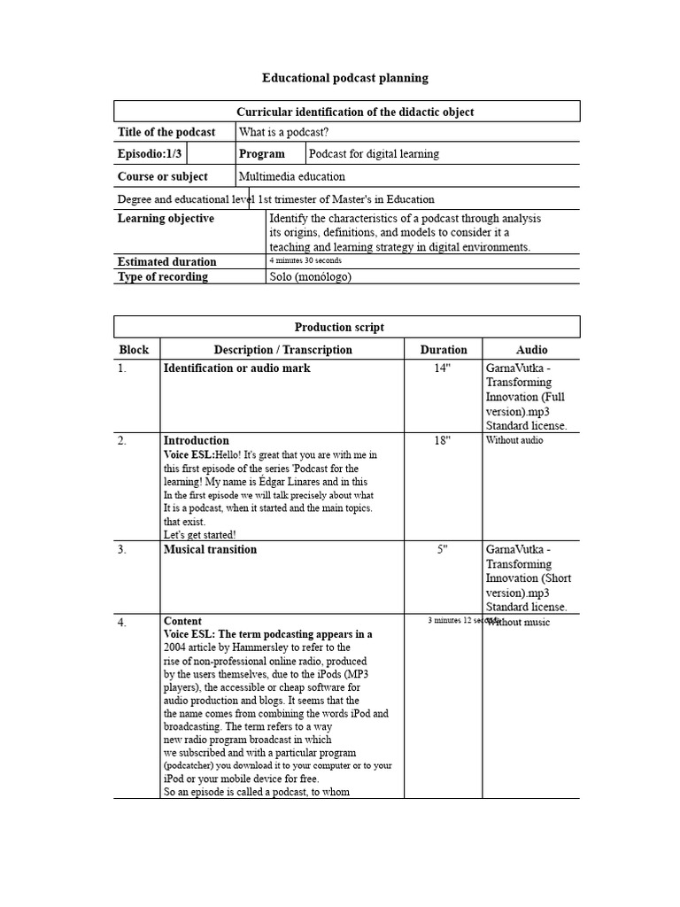Initial Script For Educational Podcast | PDF | Podcast | Human ...