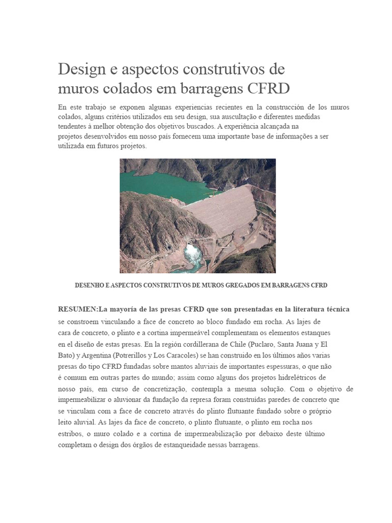Muros Colados em Barragens CFRD: Design e Aplicações | PDF | Barragem ...