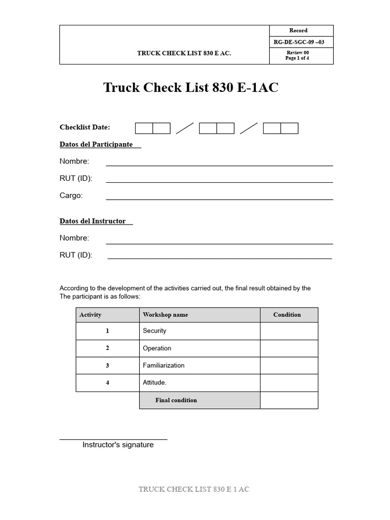 Truck Checklist 830 e Ac Ok | PDF | Truck | Land Vehicles