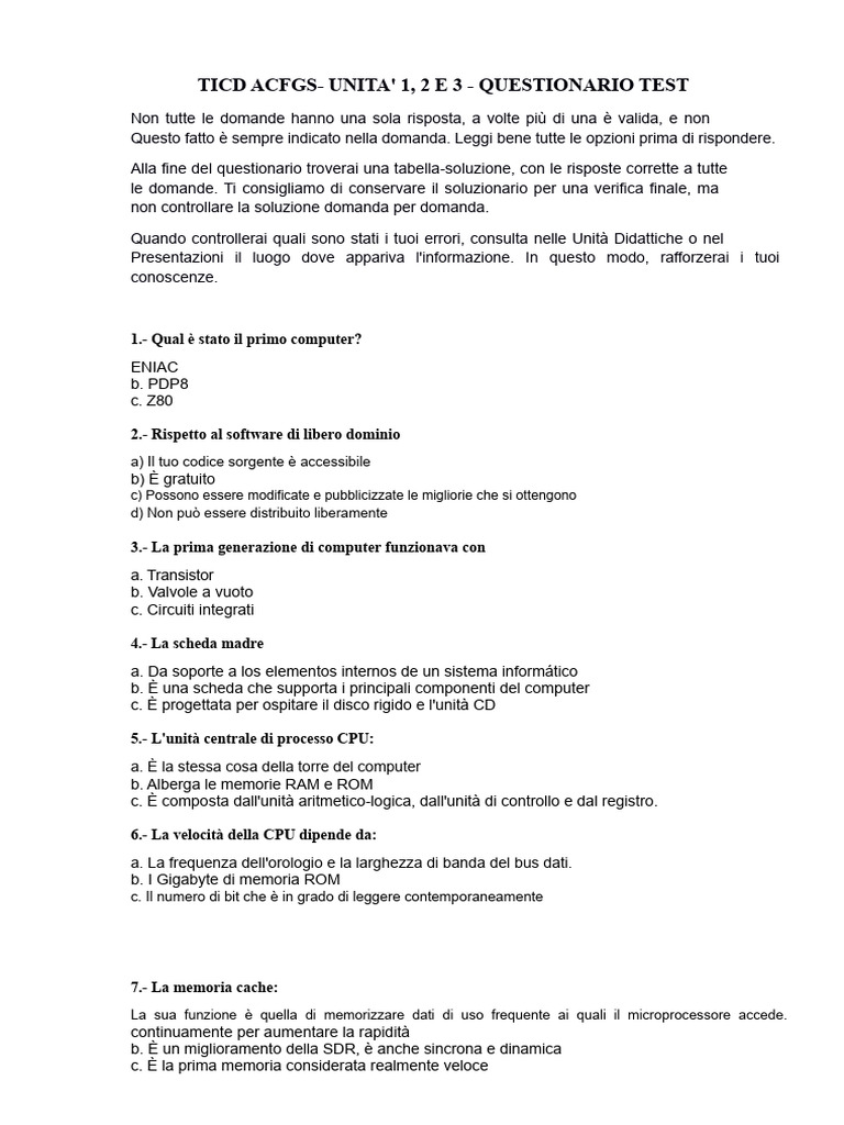 U3 3 Questionario Con Risposte Test Unita 1 2 e 3 | PDF