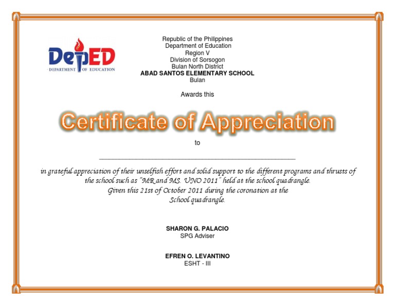 Certificate Of Appreciation Uno