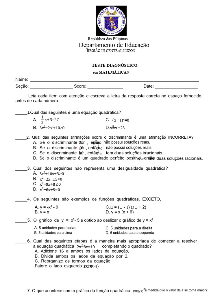 Teste Diagnóstico de Matemática 9 | PDF | Equações | Número real