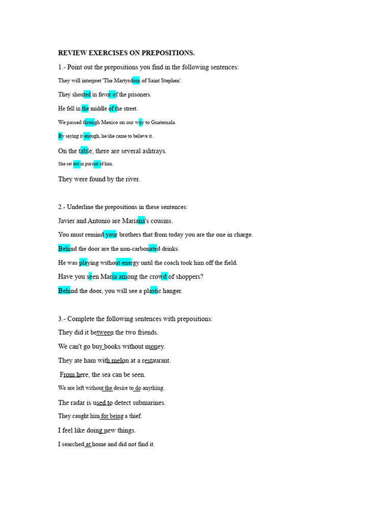 Preposition Review Exercises Guide | PDF