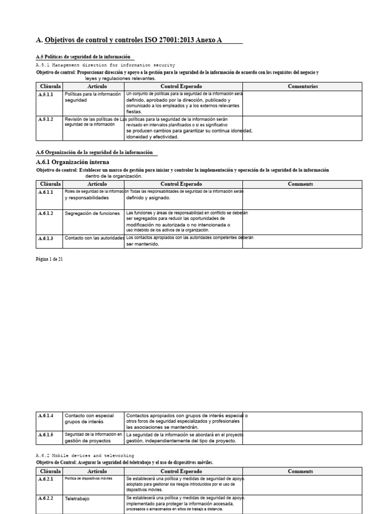 Controles ISO 27001:2013 Anexo A | PDF | Seguridad de información ...