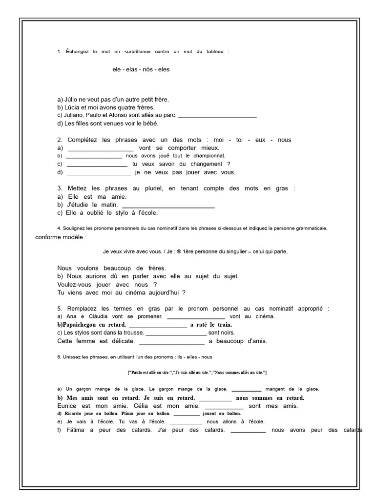 Exercices sur les pronoms personnels et possessifs | PDF | Linguistique ...