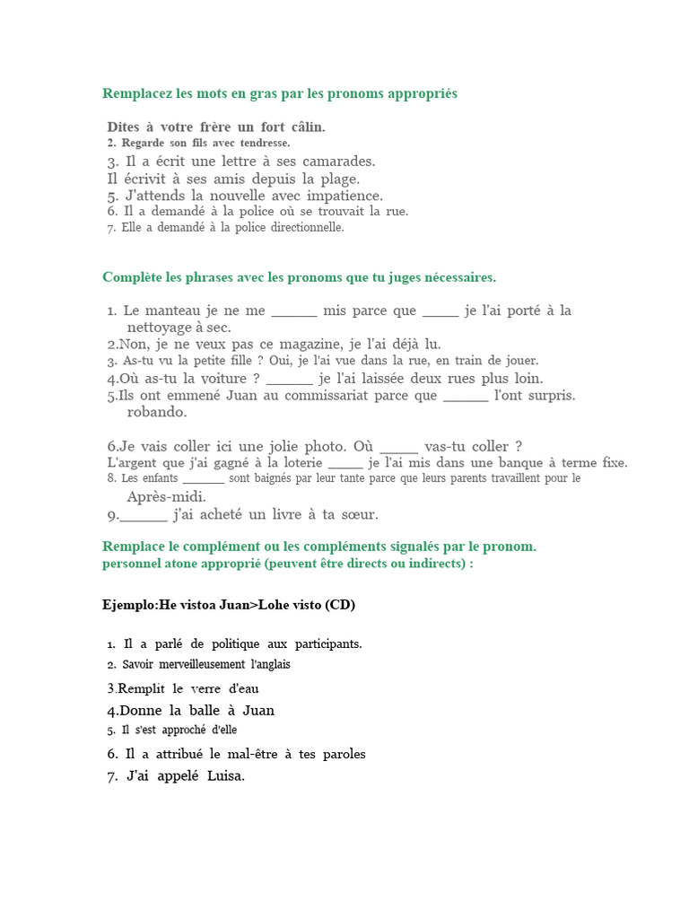 Exercices sur les pronoms en français | PDF | Pronom | Linguistique