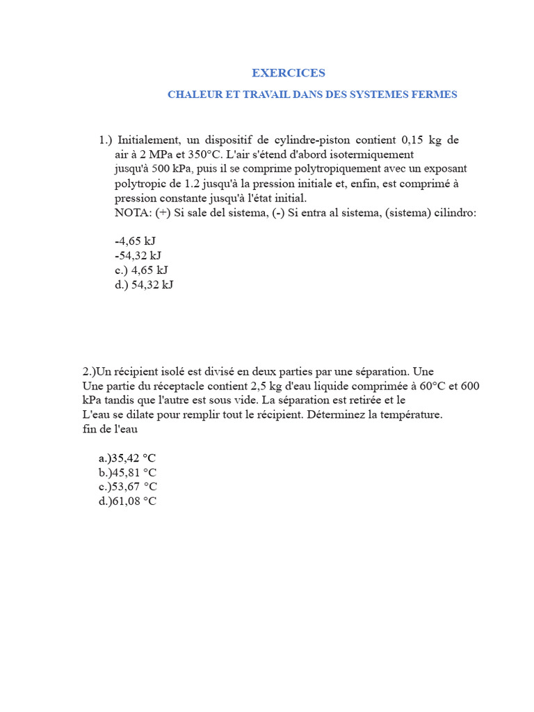 Exercices sur chaleur et travail en systèmes fermés | PDF | Chaleur ...