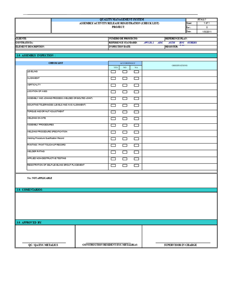 Assembly Activity Quality Checklist | PDF