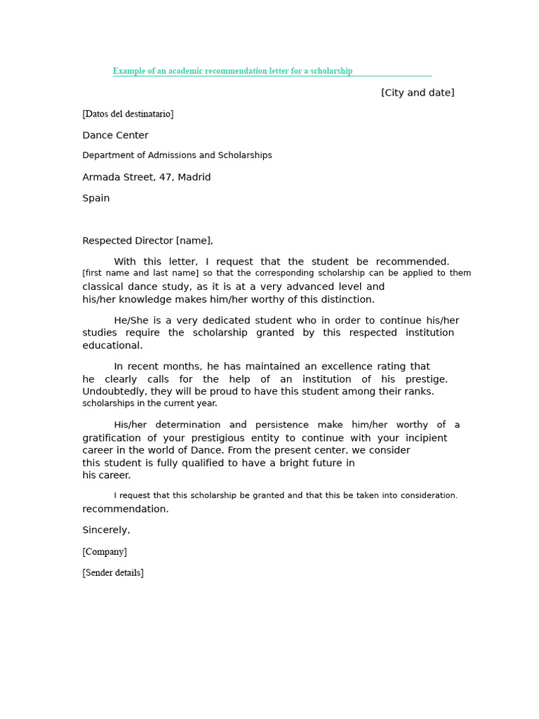 Example of Academic Recommendation Letter For Scholarship | PDF