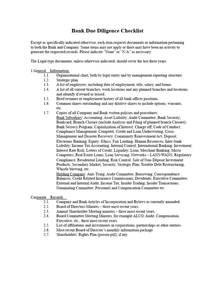 Bank Due Diligence Checklist Guide | PDF | Loans | Banks