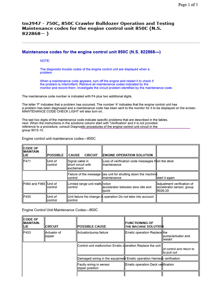850C Crawler Bulldozer Maintenance Codes | PDF | Throttle | Electrical ...