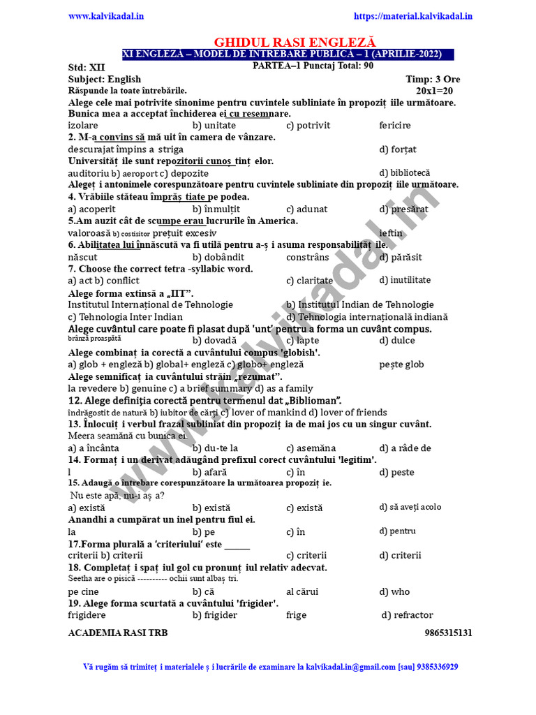 Model de Examen Public de Limba Engleză Pentru Clasa A 11-A RAI | PDF