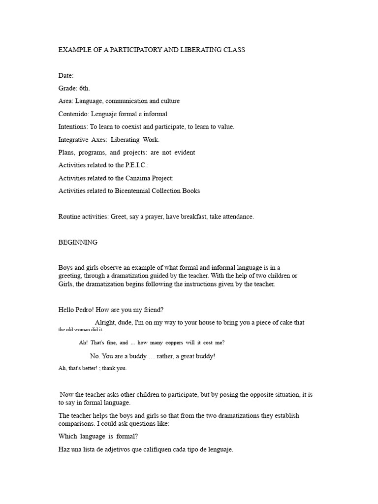 Example of A Participatory and Liberating Class | PDF | Cognition ...