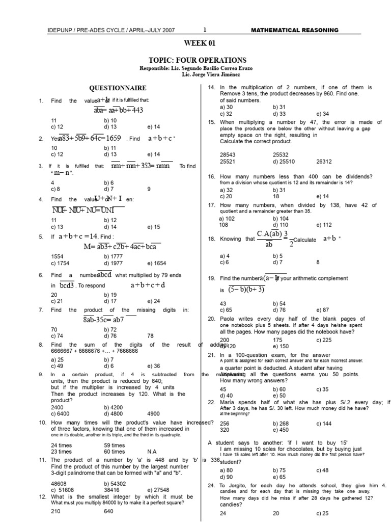 MATHEMATICAL RAZ (FOUR OPERATIONS)1 | PDF | Division (Mathematics ...