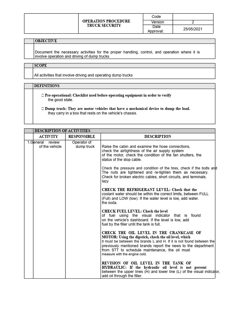 SST-ABP-GI-P005 Safe Operation Procedure For Dump Trucks | PDF | Clutch ...