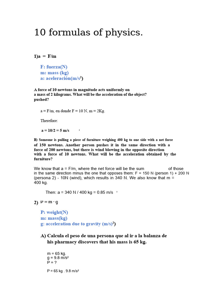 10 Physics Formulas | PDF | Force | Density