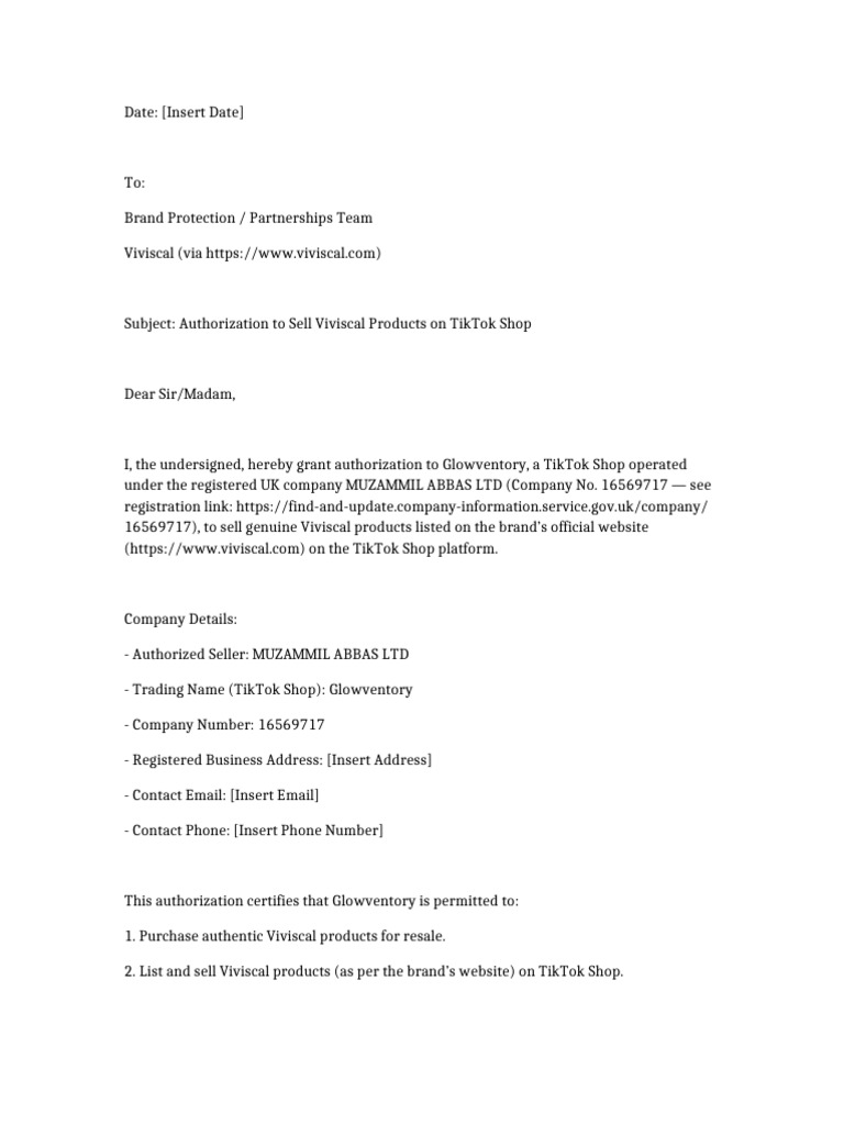 Authorization for Viviscal Sales on TikTok | PDF