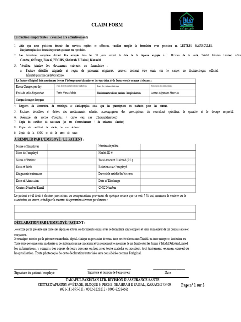 Formulaire de réclamation Takaful Santé | PDF | Hôpital | Médecine