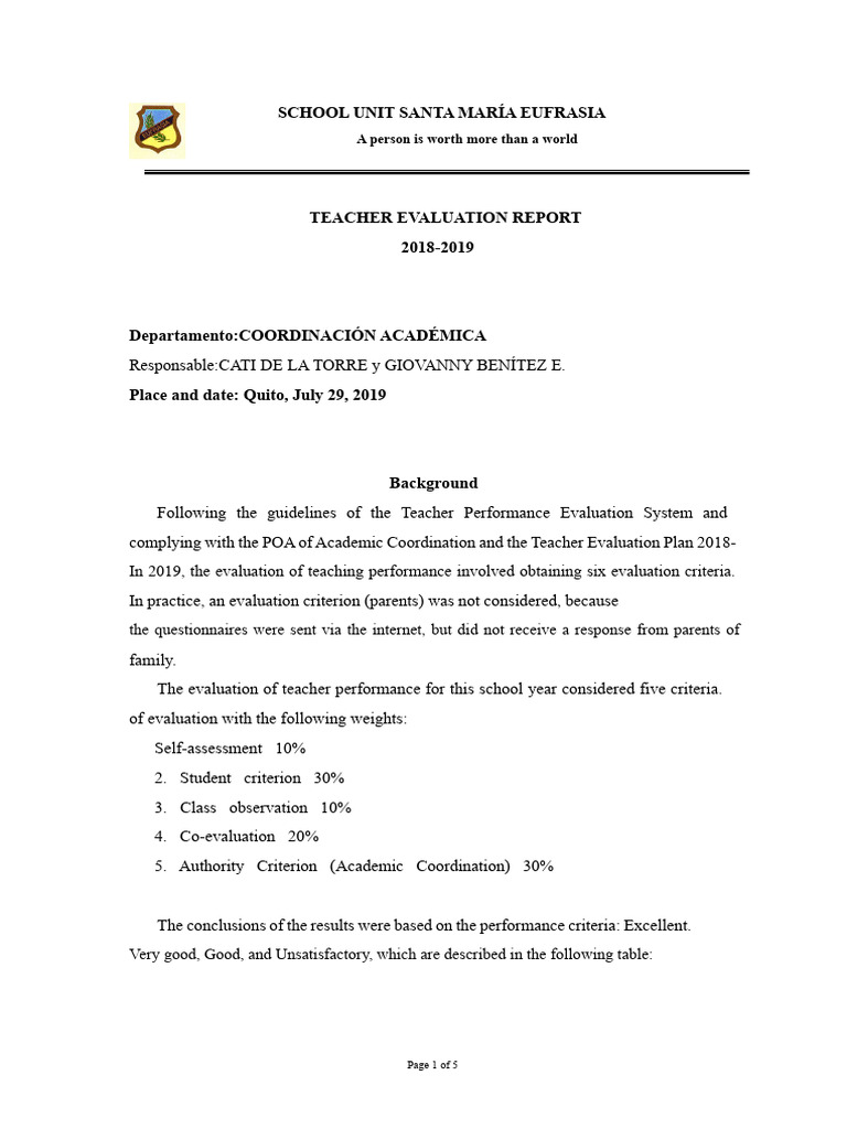 Teacher Evaluation Report 2018-2019 | PDF | Teachers | Evaluation