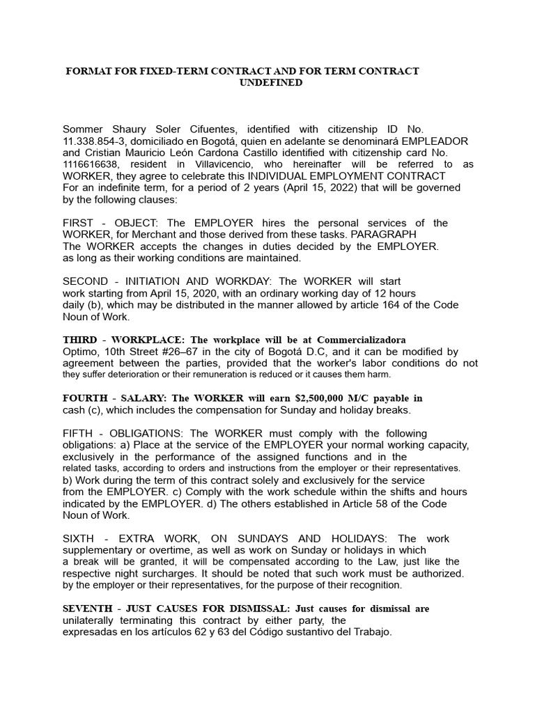 Work Contract Model READY PDF | PDF | Employment | Salary
