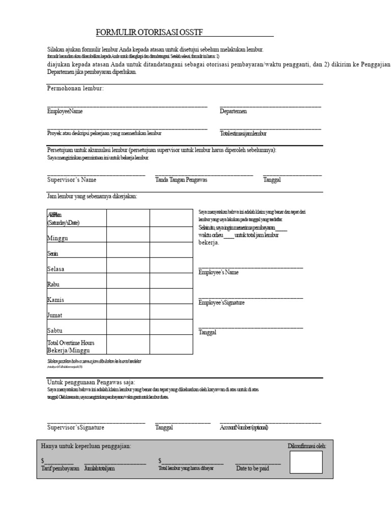 Formulir Otorisasi Lembur OSSTF | PDF