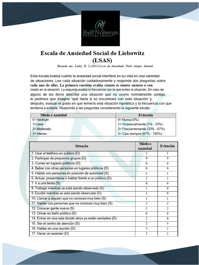 Escala de Ansiedad Social LSAS: Evaluación y Puntuación | PDF | Ansiedad