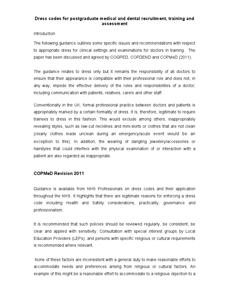 Dress Codes For Postgraduate Medical and Dental Recruitment, Training