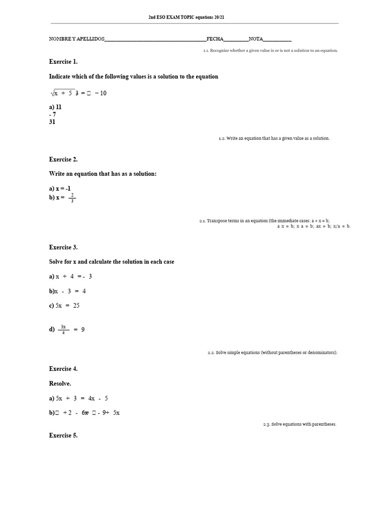 2nd ESO EXAM TOPIC 7 FOR AMB | PDF | Equations | Arithmetic