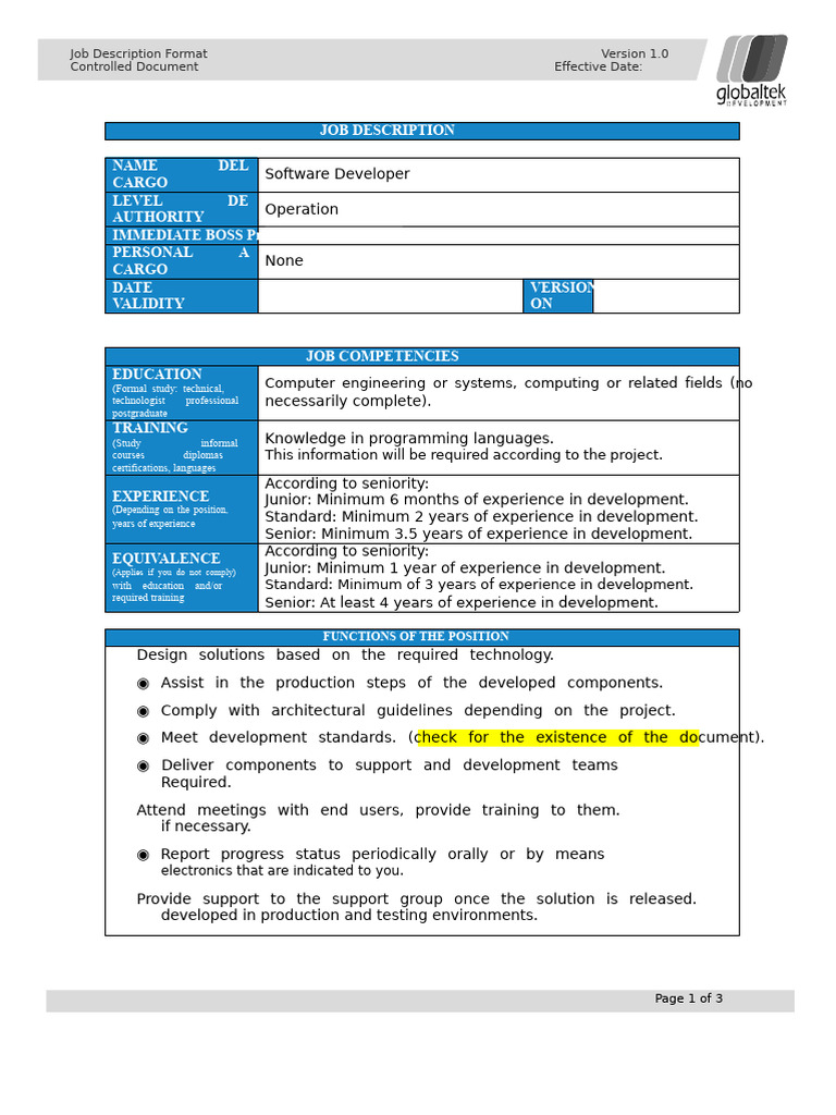 Software Developer Job Description | PDF | Occupational Safety And ...