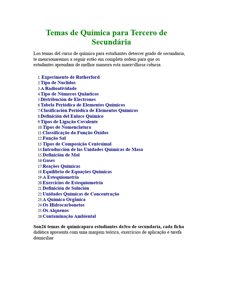 Temas de Química para 3º Ano de Secundária | PDF