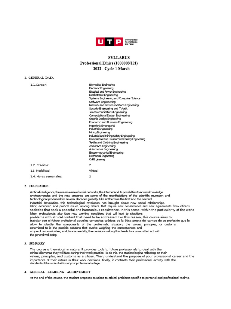 Professional Ethics Syllabus for Engineers | PDF | Engineering ...