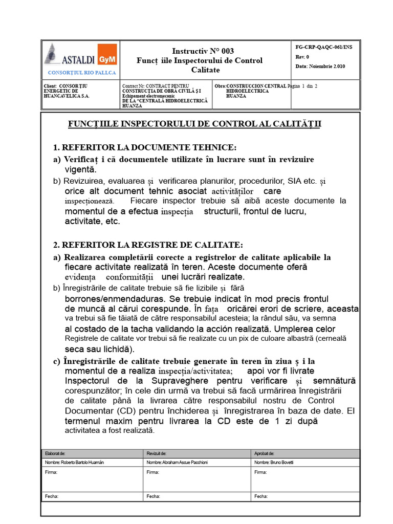 Instructiv Nr. 003 - Funcțiile Inspectorului de Calitate Rev.0 | PDF