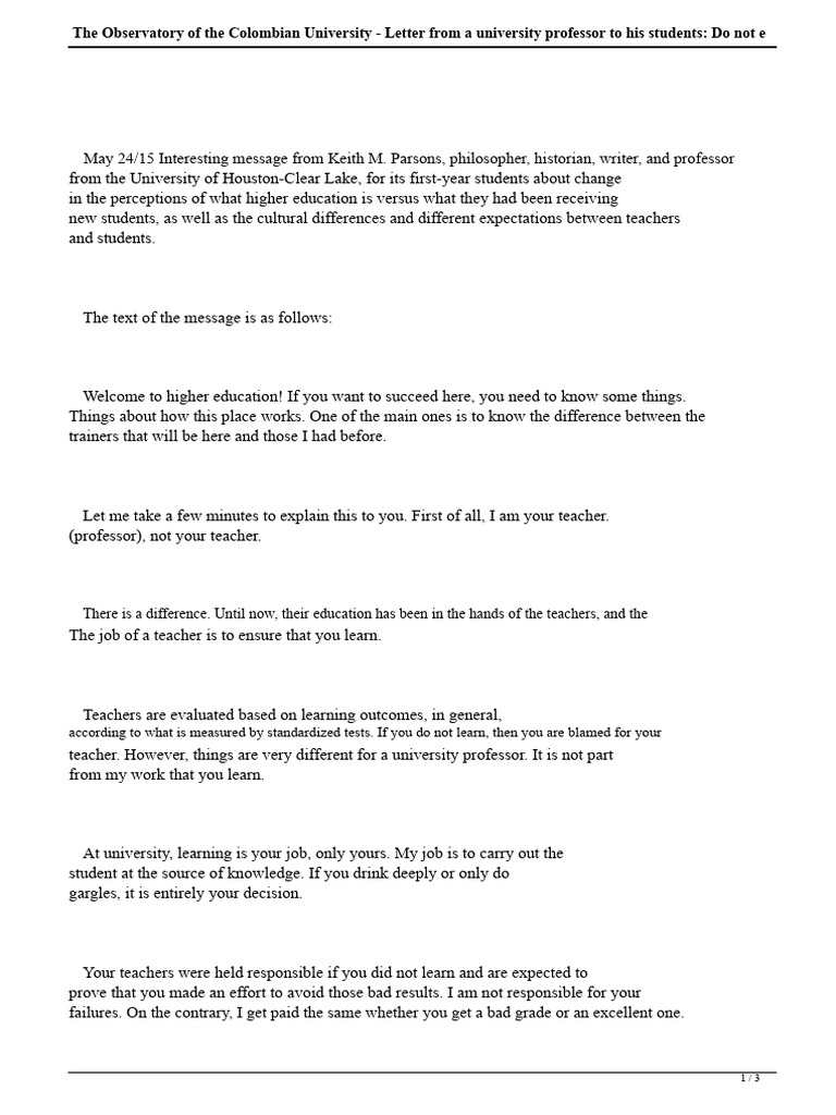 Letter From A University Professor To His Students It Is Not Part of My ...