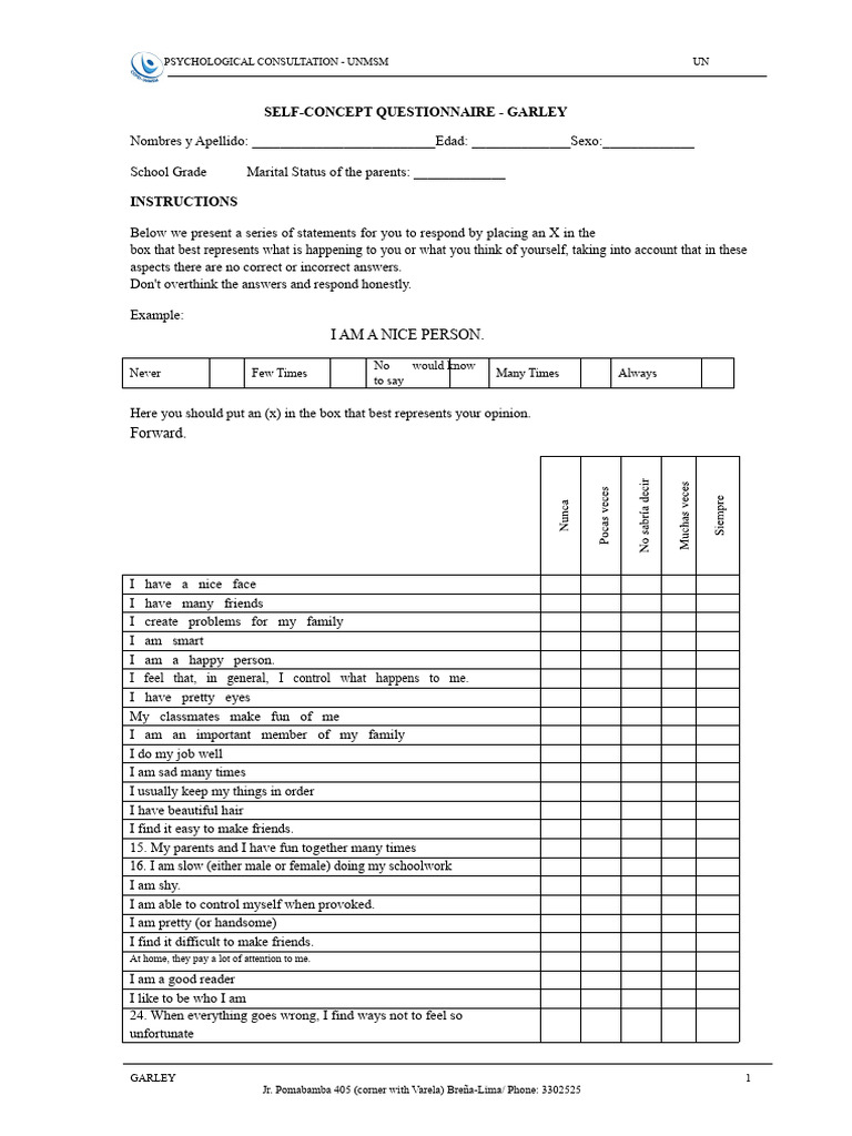 Self-Concept Questionnaire for Psychology | PDF | Self Concept ...