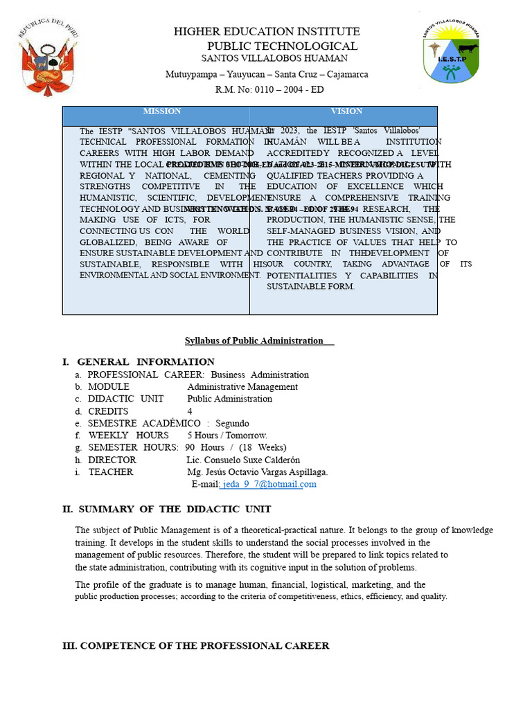 Syllabus of Public Administration - 2020.II | PDF | Information | Learning