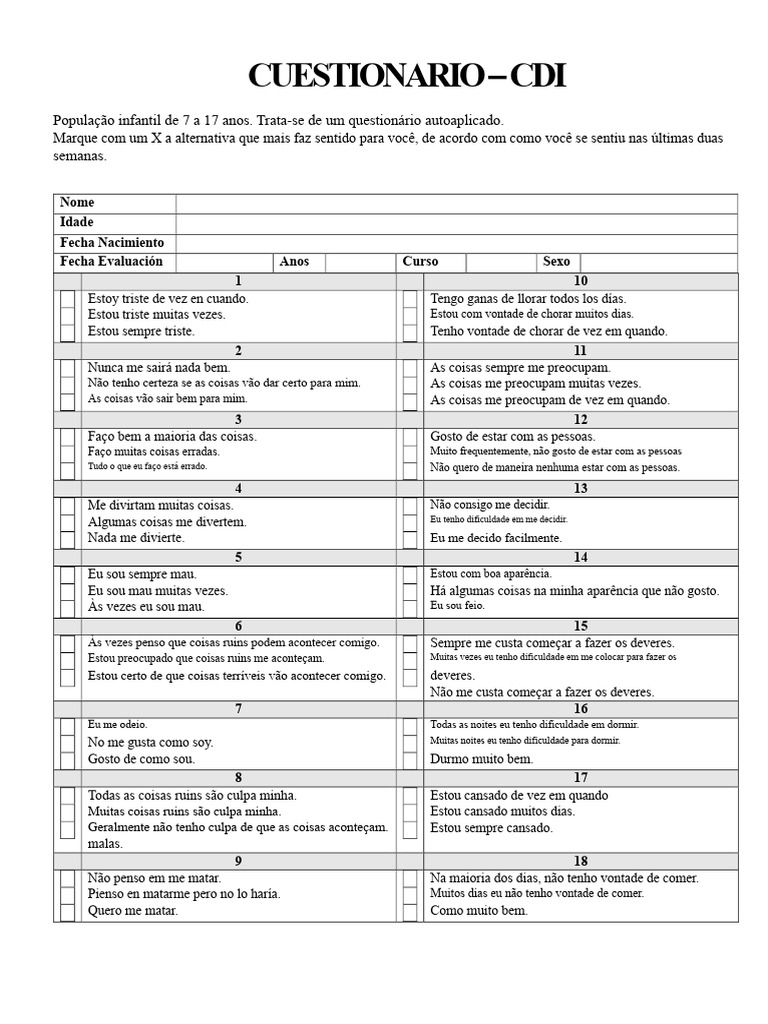 Questionário de Avaliação Infantil CDI | PDF