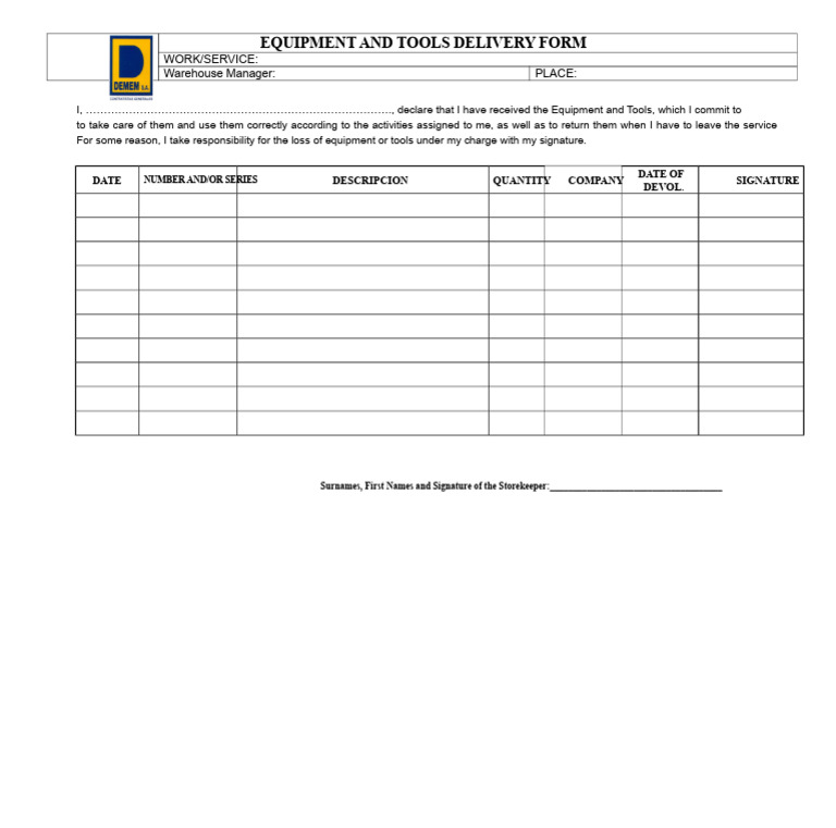 156907068-Equipment and Tools Delivery Form | PDF